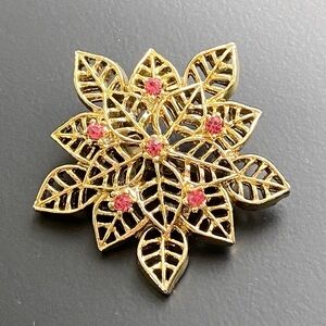 Gold Tone Floral Leaf Brooch Pin with Pink Stones